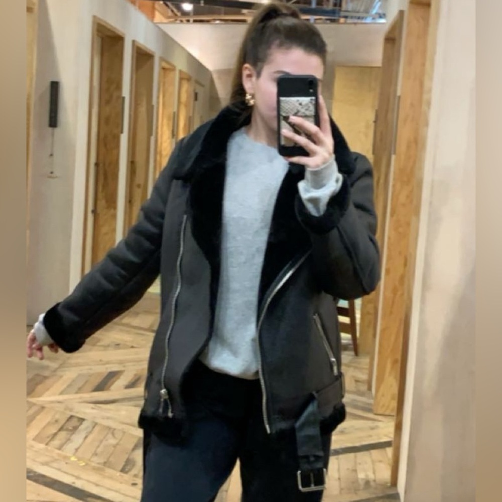 Zara Black Aviator Jacket with faux fur lining